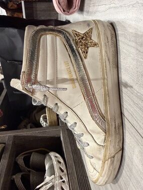 Golden Goose White Leather High-Top Sneakers with Gold Star and Metallic Accents